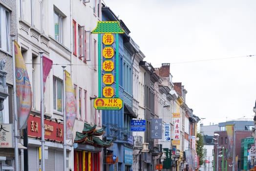ANTWERP, BELGIUM - OCTOBER 2, 2016: View on the Van Wesenbeekstreet, a neighborhood filled with chinese and othe asian shops and restaurants