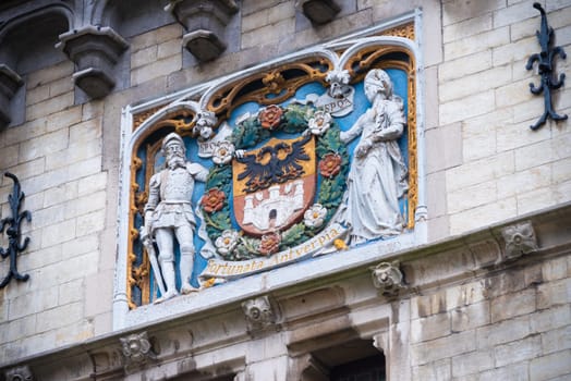 ANTWERP, BELGIUM - OCTOBER 2, 2016: coat of arms of the city of Antwerp above the gate of the Steen castle