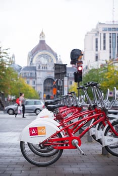 ANTWERP, BELGIUM - OCTOBER 2, 2016: With 1000 bicycles and 80 stations, Velo is among the largest bike sharing systems worldwide.