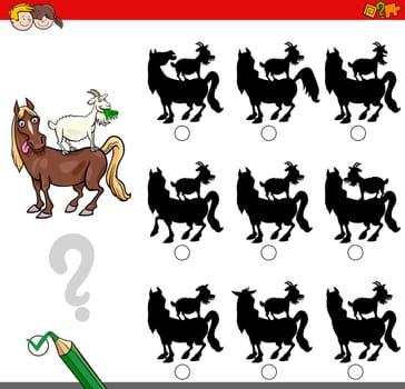 Cartoon Illustration of Finding the Shadow without Differences Educational Activity for Children with Horse and Goat Farm Animal Characters