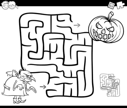 Black and White Cartoon Illustration of Education Maze or Labyrinth Game for Children with Halloween Characters Coloring Page