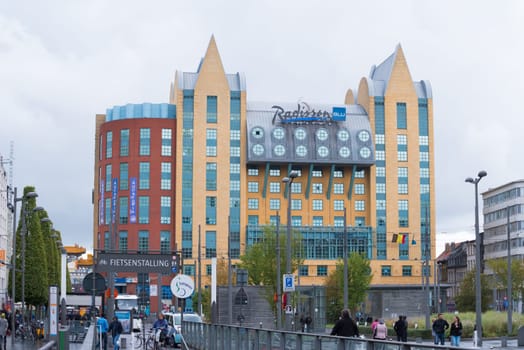 ANTWERP, BELGIUM - OCTOBER 2, 2016: Exterior of the Radisson Blu Astrid Hotel next to the central station. The hotel offers 247 rooms and suites.