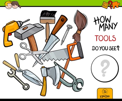 Cartoon Illustration of Educational Counting Activity Game for Children with Tools Objects