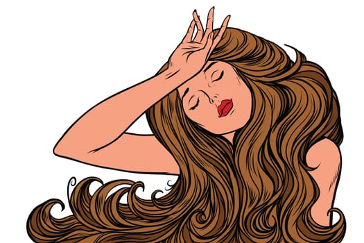 headache woman or just a dream. Medical problems and symptoms. Sleeping girl. Pop art retro vector illustration