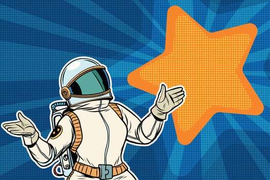 Female astronaut opened his arms dream star background. Pop art retro vector illustration
