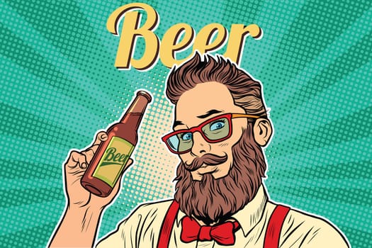 bearded hipster beer. Pop art retro vector illustration