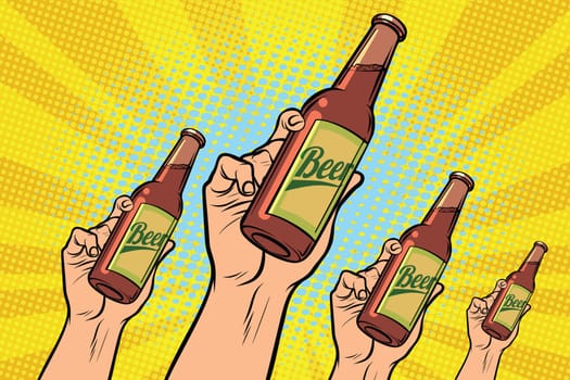 many hands with a bottle of beer. Pop art retro vector illustration