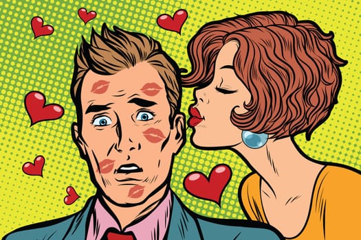 Beautiful woman kissing a man, trace of lipstick. Pop art retro vector illustration