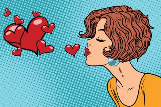 Woman making a kiss heart. Pop art retro vector illustration