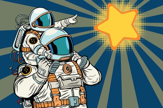 Astronauts family, child and father. daughter or son in the suit. Pop art retro vector illustration