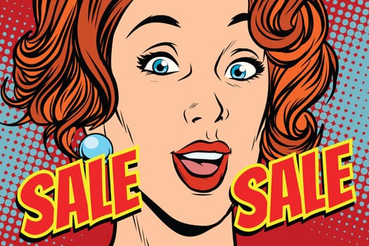 Sale comic text pop art woman. retro vector illustration