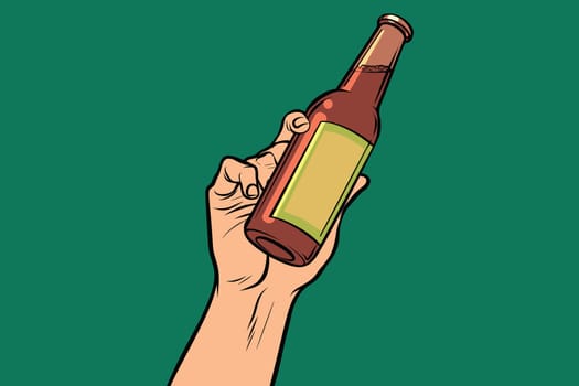 bottle with drink in hand. Pop art retro vector illustration