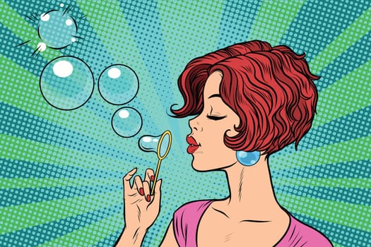 Young woman blowing bubbles. Pop art retro vector illustration