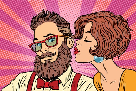 Heterosexual couple, beautiful woman kisses a hipster. Pop art retro vector illustration