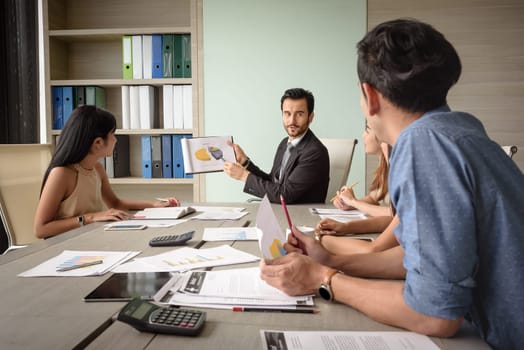 professional businessman present financial chart with team in the meeting, selective focus