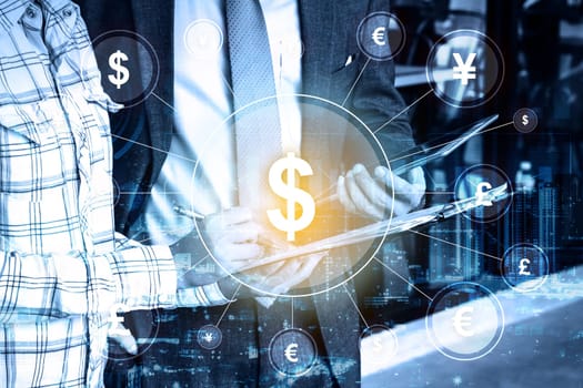 double exposure Professional businessman hold digital tablet and global currency money