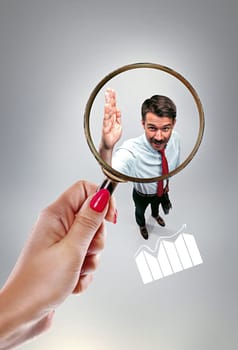 Job interview with manager in office. Concept of choose the best candidate. Female hand with magnifier