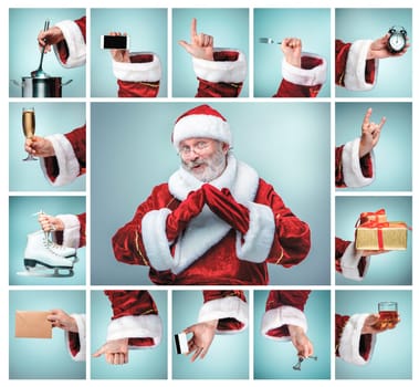 The collage from hands in costume Santa Claus is holding the different tools