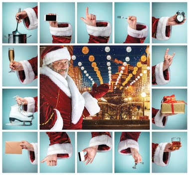 The collage from hands in costume Santa Claus is holding the different tools
