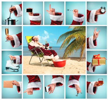 The collage from hands in costume Santa Claus is holding the different tools