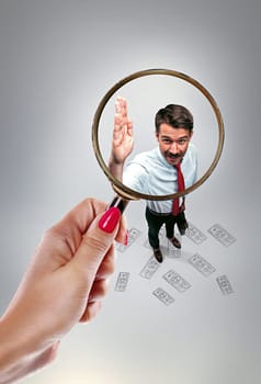 Job interview with manager in office. Concept of choose the best candidate. Female hand with magnifier