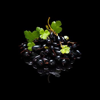 Bunch of black currant berries with leaves isolated on a black glossy background with real reflection