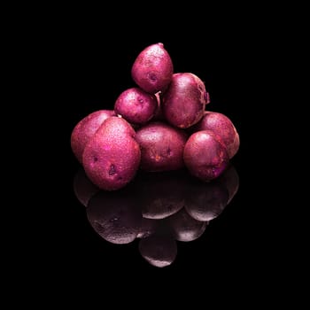 Pile of purple potatoes isolated on a black glossy background with real reflection