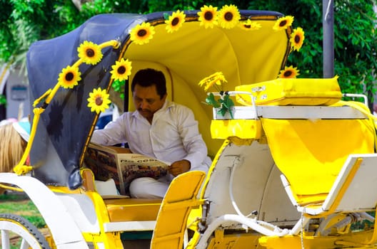 IZAMAL, MEXICO - FEBRUARY 19: Man in carriage reading a newspaper in Izamal, Mexico on February 19, 2017