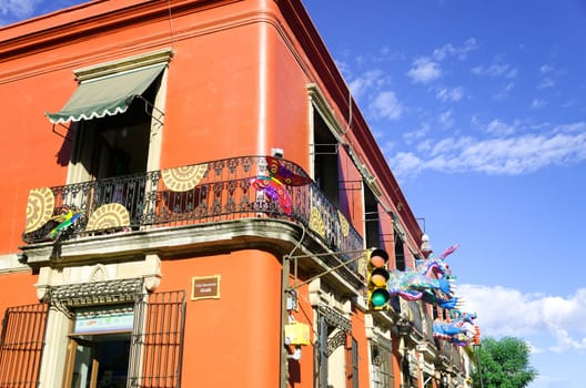 OAXACA, MEXICO-MARCH 4: Colorful building on a corner in Oaxaca, Mexico on March 4, 2017