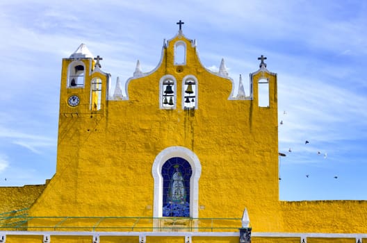 View of the belfry of the cathedral in Izamal, Mexico