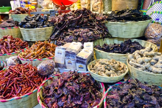 OAXACA, MEXICO-MARCH 5: Chilli and chocolate for sale in a marketplace in Oaxaca, Mexico on March 5, 2017