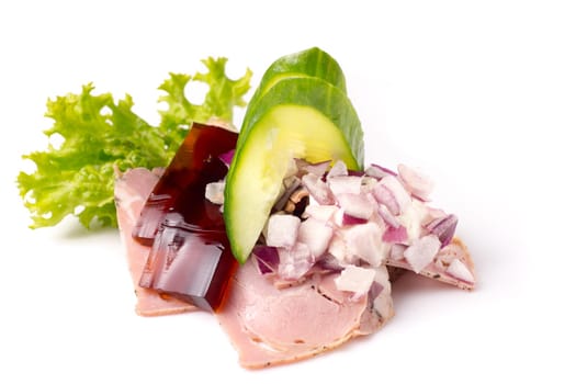 Danish specialties and national dishes, high-quality open sandwich. Sandwich with pork roll sausage, rullepoelse, , jelly and raw red onions, isolated on white background