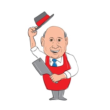 Illustration of a Bald Butcher Tipping Hat holding meat cleaver knife front view done in hand sketch drawing Cartoon style.