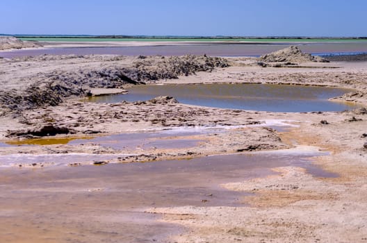 Colorful landscape with salt pools  in Rios Lagartos, Mexico