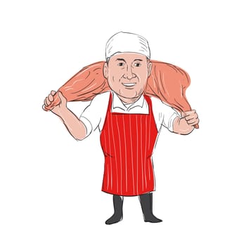 Illustration of a Butcher Carrying Leg of Ham on shoulder front view done in hand drawn sketch Cartoon style.