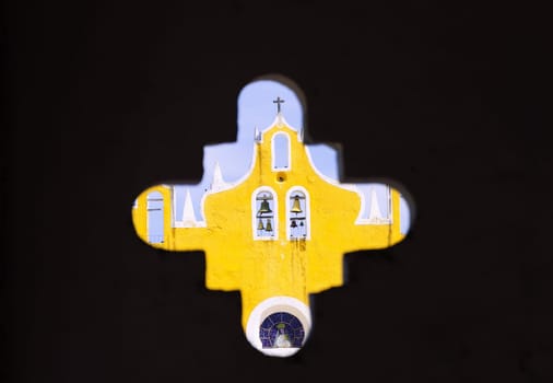 Closeup of the belfry of the cathedral in Izamal, Mexico