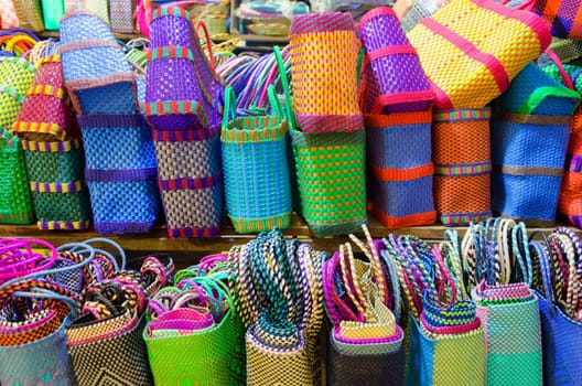 Colorful baskets for sale in a market in Oaxaca, Mexico
