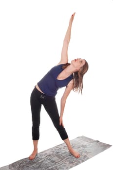 A slim young woman stretching her body after some exercising, wearing.sportswear, isolated for white background.