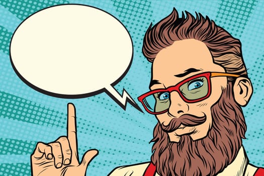 Bearded hipster man portrait pointing finger. Comic cloud bubble. Pop art retro vector illustration