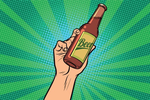 beer bottle in hand. Pop art retro vector illustration