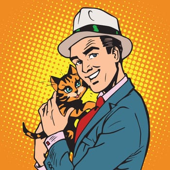 avatar portrait man with a kitten. Pop art retro vector illustration