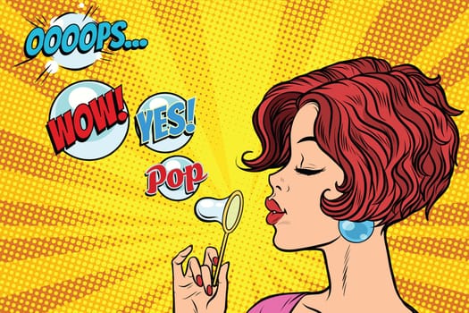 Young woman blowing air bubbles comic. oops wow yes pop. Pop art retro vector illustration