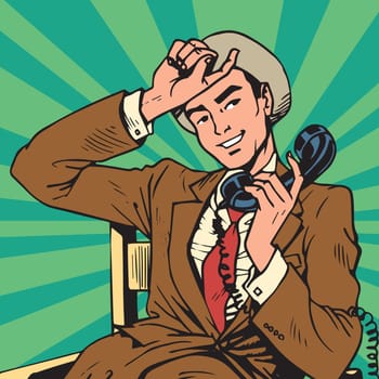 Printavatar portrait man with retro phone. Pop art retro vector illustration