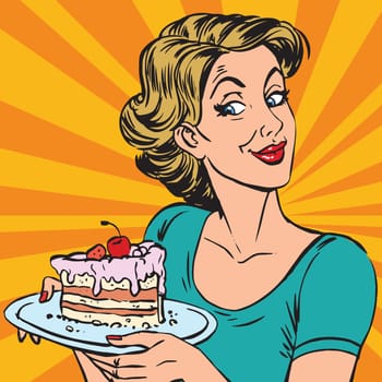 avatar portrait woman with a piece of cake. Pop art retro vector illustration