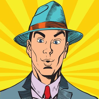 Printavatar portrait surprised man in the hat. Pop art retro vector illustration