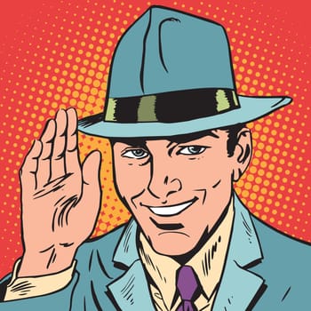 avatar portrait of man raised a hand, greeting. Pop art retro vector illustration