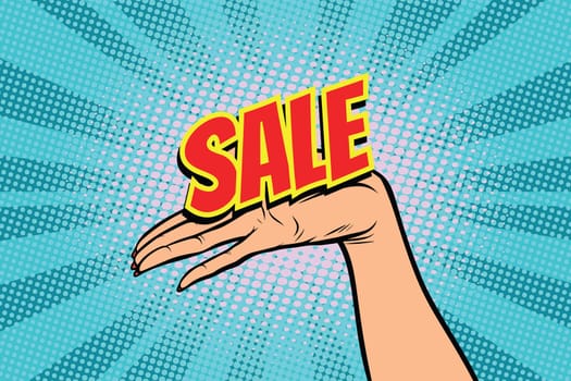 sale word. Women open palm hand hold gesture. Pop art retro vector illustration