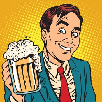 Printavatar portrait man with a mug of foaming beer. Pop art retro vector illustration