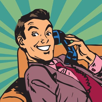 Printavatar portrait man with retro phone. Pop art retro vector illustration