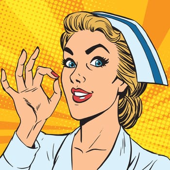 avatar portrait of a nurse OK gesture. Pop art retro vector illustration